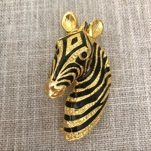 Gold & Black Enamel Zebra Head Brooch Pin